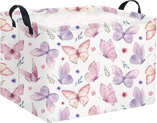 HIYAGON Rectangular Pink Basket for Girls Kids Baby Storage Basket Toy Storage Bin Organizer Box Room Decor(Watercolor Butterfly)