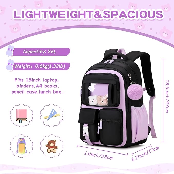 Kids Backpack for Girls School Bags for Middle School Students Book Bag for Elementary Primary Kawaii Ita Backpack, Black and Purple