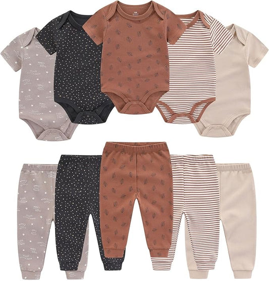 Baby Bodysuit and Pant Set 10-pcs Cotton Soft Newborn Boy Girl Clothes Outfits