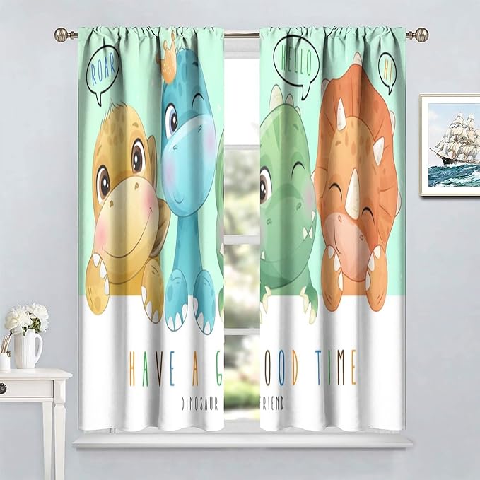 Kids Dinosaur Curtains for Boys Girls Bedroom Decor Cartoon Dino Colorful Cute Funny Animal Printed Blackout Rod Pocket Window Drapes for Baby Nursery Playroom Living Room W42xL84in 2 Panels