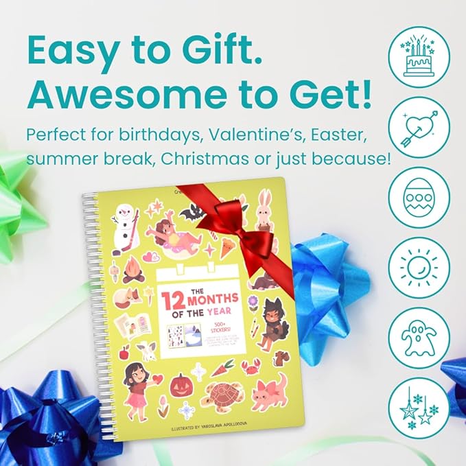 12 Months Sticker + Coloring Book (500+ Calendar Stickers for Kids & 12 Coloring Pages) Side by Side Activity Book, Fun Sticker Books, Boys & Girls Ages 2-4, 4-8, 8-10