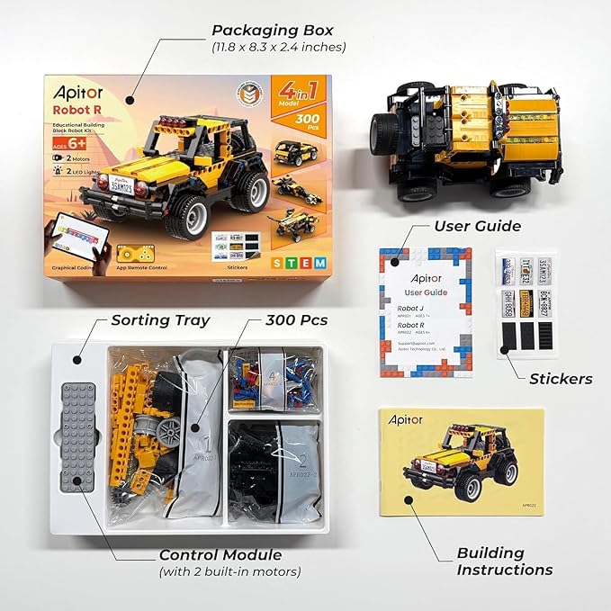 Robot R 4-in-1 Robot Building Kit, APP Remote Control STEM Coding Toys, Educational Gifts for Boys Girls Kids Ages 6-12, 4 Control Modes (300 Pieces)
