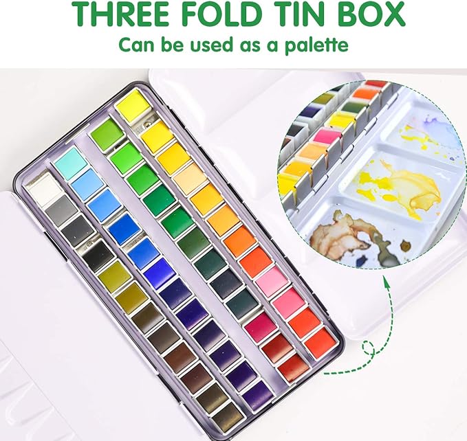 Watercolor Paint Set, 48 Premium Colors,Artist Grade, Includes 2 Artist Brushes,20 sheet Water color Paper Pad,2 Water Pen, Perfect Travel Watercolor Set for Artists and Painting Lovers