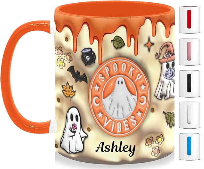 Personalized Halloween Mugs with Names, Halloween Pumpkin Coffee Mug, Custom Ghost Accent Mug Spooky Halloween Gifts For Women Men Friends Family Spooky Season Gift Fall Mug 11 Oz