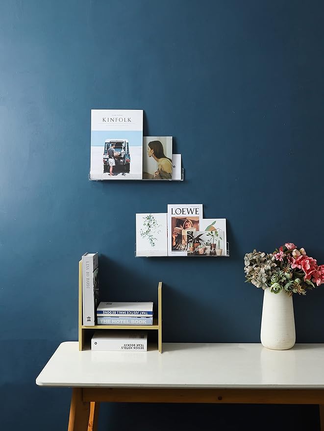 IEEK Nail Polish Rack Wall Mounted Shelf 2 Pack,Clear Kids Wall Bookshelf Acrylic Nail Polish Holder with Removable Anti-Slip End Inserts,2 Tiers Floating Polish Organizer Display 30 Bottles