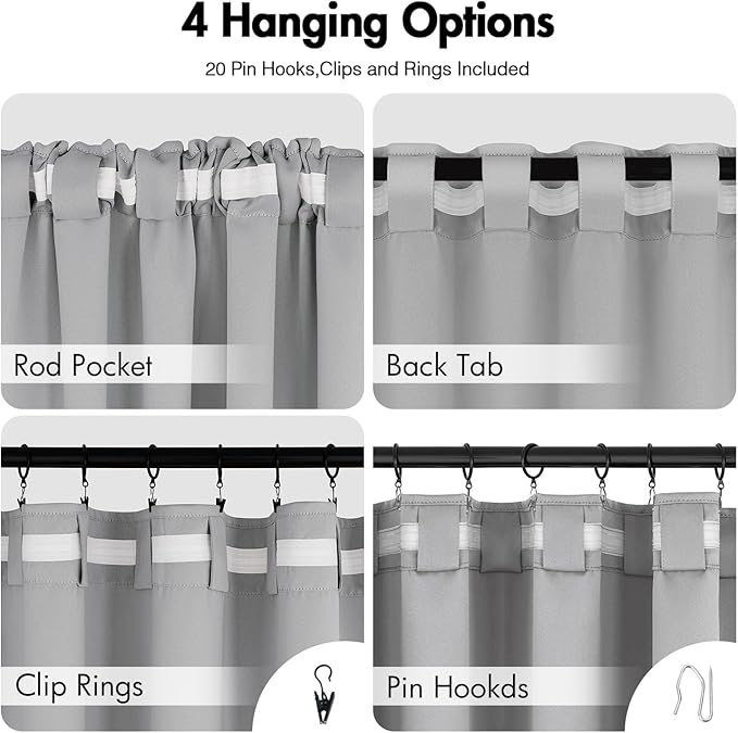 ANRODUO Back Tab Blackout Curtains for Bedroom Living Room, Rod Pocket Pinch Pleated Thermal Insulated Room Darkening Curtains 90 Inches Long 2 Panels, Light Grey, 42 x 90 Inch