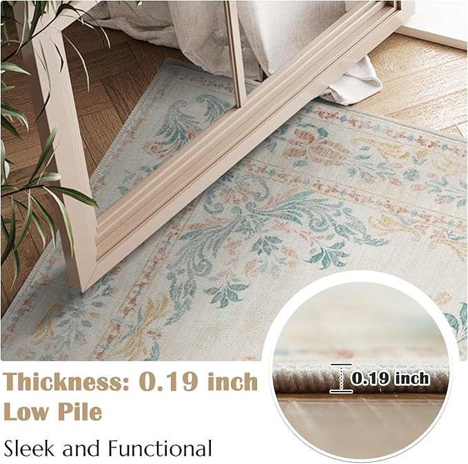 jinchan Floral 5x7 Area Rugs for Nursery - Machine Washable Vintage Distressed Design Soft Ultra-Thin Low-Pile Non-Slip Kids Carpet for Bedroom Living Room Dining Room Home Office (5x7ft,Apricot)
