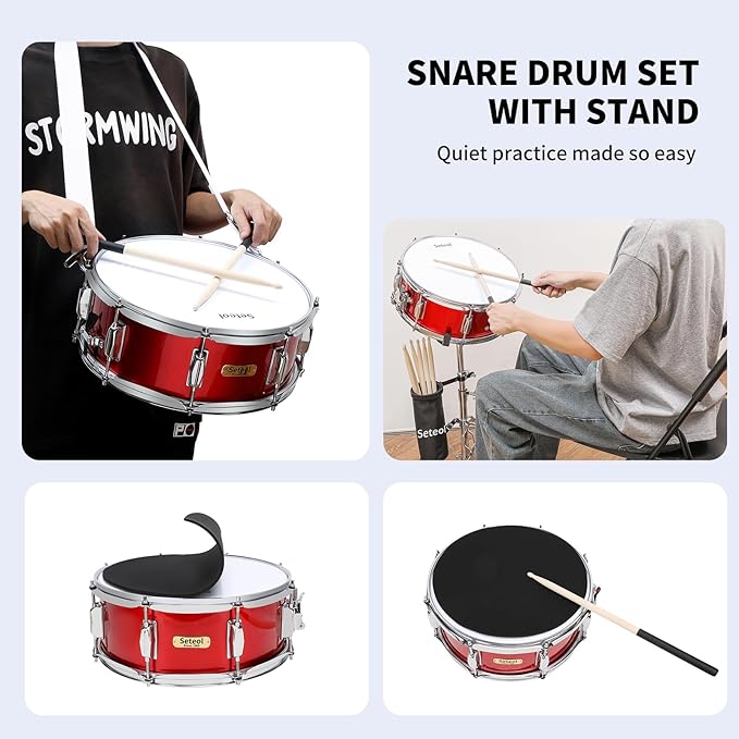 Snare Drum Kit, 14" x 5.5" Marching Snare Drum + Storage Padded Bag + Silent Mute Pad + A Pair Of 5A Drumsticks + Drums Key, Portable Drums Hardware Set for Adults Kids Student Beginners (Red)