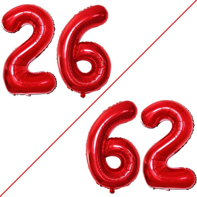 GOER Number 26 Balloons for 26th Birthday Party Decorations,42 Inch Jumbo Foil Helium 62 Balloons for 62nd Birthday Party Decoration (Red)