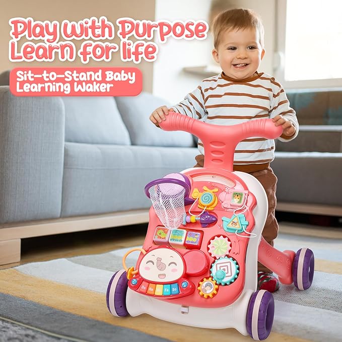 CUTE STONE Baby Walker for Boys Girls, 2 in 1 Sit-to-Stand Learning Walker and Activity Center, Baby Walking Toy, Early Learning Push Toy Gift for Infant