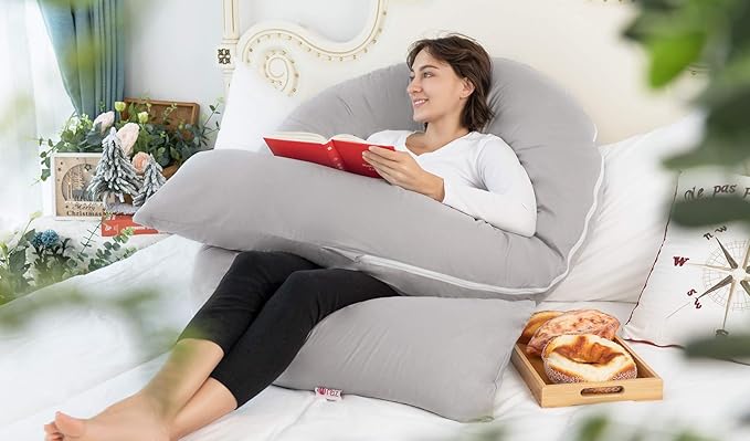 Meiz Pregnancy Pillows for Sleeping, Full Body Pregnancy Pillow with 300TC Comfy Pillowcase & Microfiber Inner Cover- for Back Support - 65 Inch (Grey)