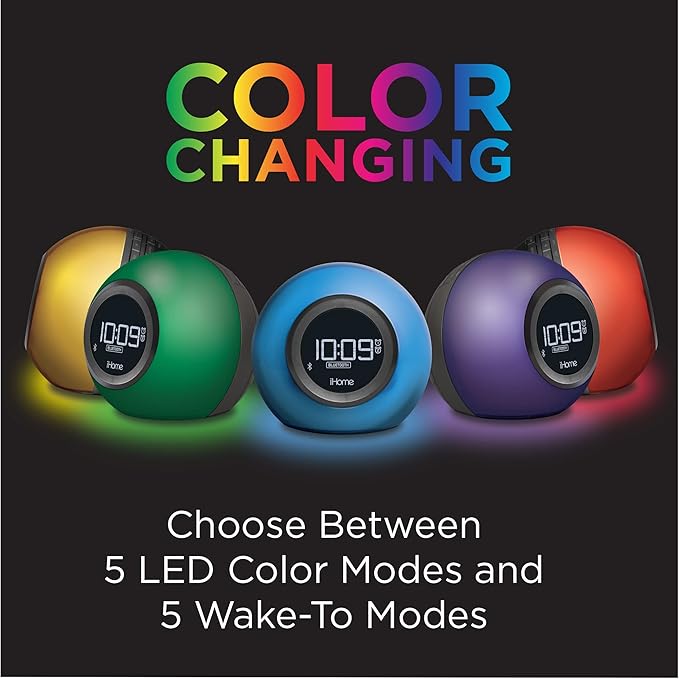 iHome Alarm Clock Radio with Bluetooth Speaker and Color Changing Lamp, USB Charging, and Speakerphone for Home, Office, or Dorm (IBT29BX6)