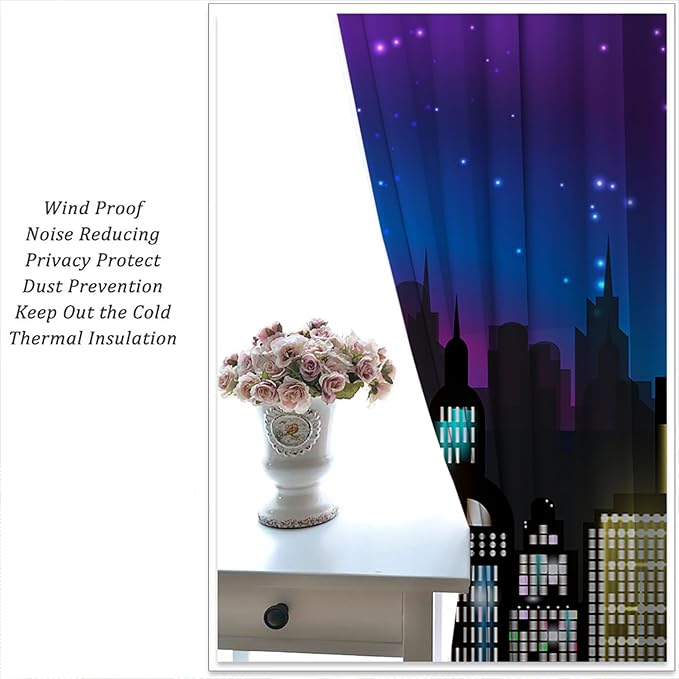 Superhero Rod Pocket Blackout Curtains for Boy Girl Bedroom, Super City Skyline Buildings Night Panorama Home Energy Efficient Light Filtering Window Curtain for Living Room, 84x84 inch