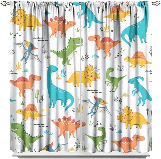 Kids Dinosaur Curtains for Boy Girl Bedroom Decor Cartoon Dino Colorful Cute Funny Animal Wildlife Printed Blackout Rod Pocket Window Drapes for Baby Nursery Playroom Living Room W36xL63in 2 Panels