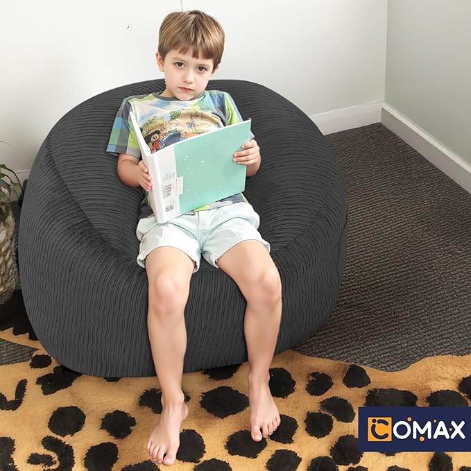 COMAX Bean Bag Chair for Kids 8-12, Toddler Beanbag Bed Corduroy, Convertible Child Bean Chair to Floor Mattress with Filler, Kid Reading Comfy Lounge Couch for Boys and Girls Bedroom, Dark Grey