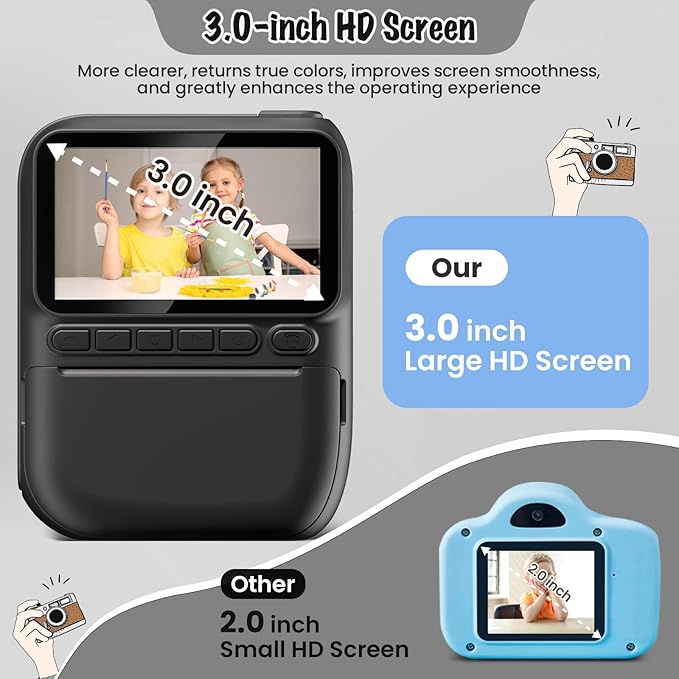Instant Print Camera for Kids, 3.0" HD 1080P Digital Video Cameras with 3 Rolls of Printer Paper for Toddler, Birthday Gifts Toy for Girls Boys with 32GB SD Card (3.0 Style, Black)