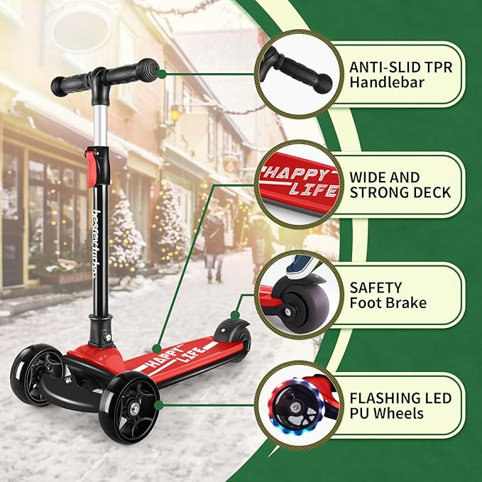 Besrey Kick Scooter for Kids Ages 3-10, 3-Wheel Folding Scooter with Adjustable Height, LED Light Wheels, Extra Wide Deck for Outdoor Activities