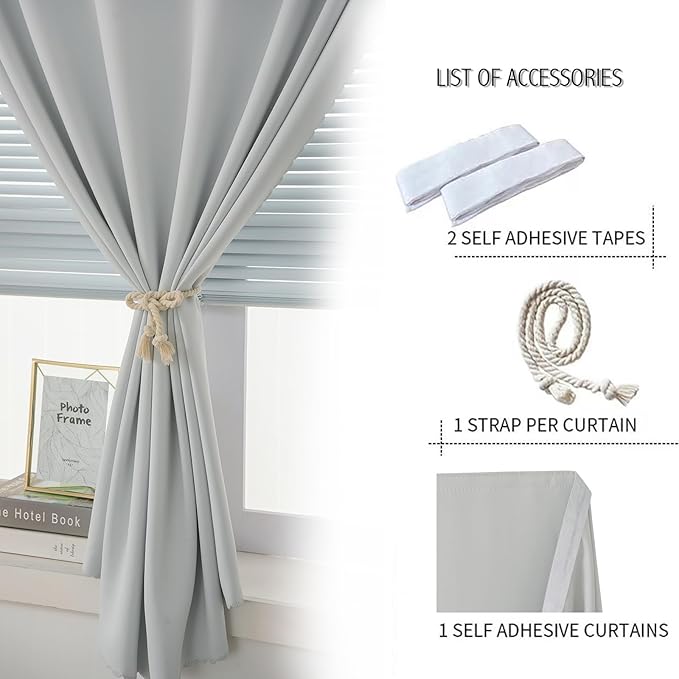 self Adhesive Curtains Portable Blackout Curtain Simple and Easy to Install Bedroom Window Thermal Lnsulated Kitchen Room Darkening Black Small Drapes, 47" W X 79" L, White, 1 Panel