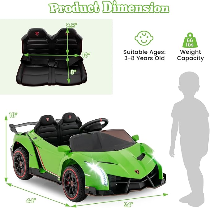 Costzon Ride on Car, Lamborghini Licensed 12V Battery Powered 4WD Sports Car with Remote Control, 3 Speeds, Hydraulic Doors, LED Lights, Towing Wheel, Horn, Music, Electric Vehicle for Kids Aged 3-8