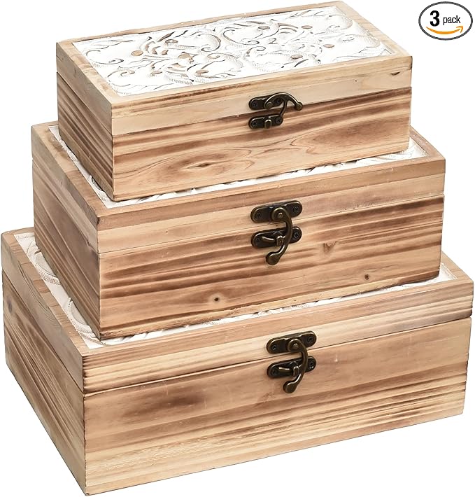 Wooden Box Set of 3 - Rustic Farmhouse Decorative Boxes with Hinged Lid and Carved Design