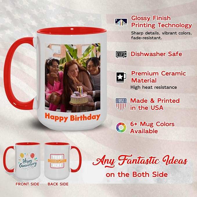 Ship Next Day Custom Mug Design Your Own Photo Text Personalized Picture Gifts for Women Men Customized Gifts Idea Personalized Coffee Mugs 15oz Red Handle