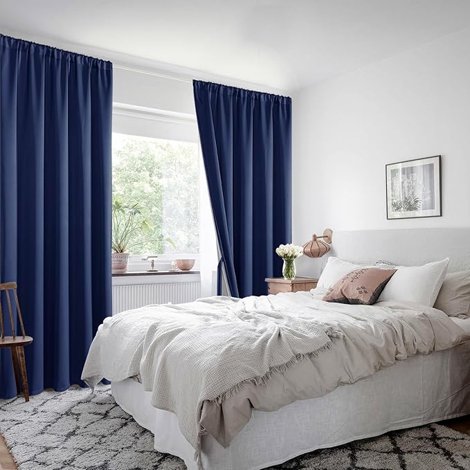 XWZO 100% Blackout Curtains 84 Inches Long with Tiebacks- Rod Pocket Noise Blocking & Energy Efficiency Window Draperies with Black Liner for Bedroom/Living Room, Navy Blue, W60 x L84, Set of 2