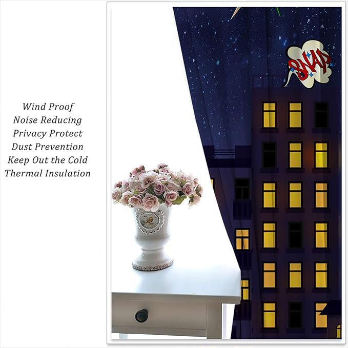Super Hero Rod Pocket Blackout Curtains for Boy Girl Bedroom, Exploding City Starry Cartoon Skyline Thermal Insulated Home Window Drapes for Living Room Darkening, 55x63 inch