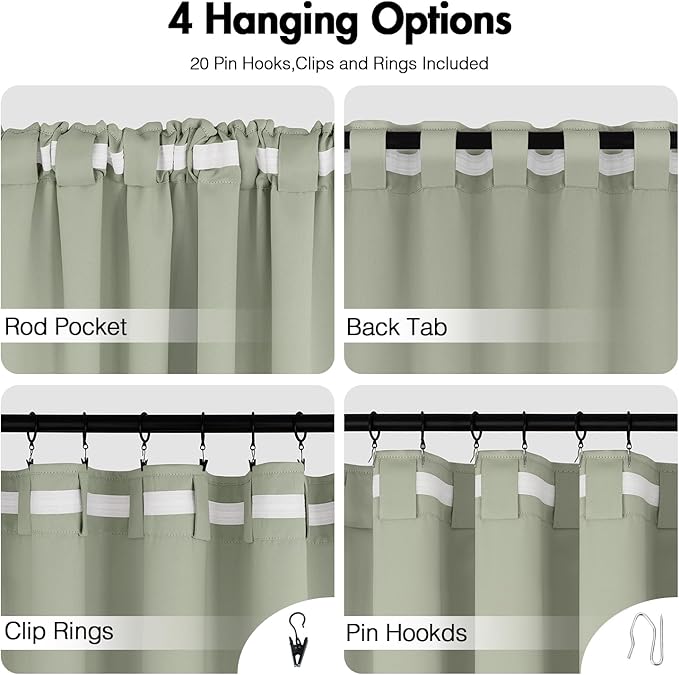 ANRODUO Sage Green Room Darkening Curtains 63 Inches Long Thermal Insulated Window Treatment Panels Back Tab Rod Pocket Blackout Green Curtains for Bedroom Living Room