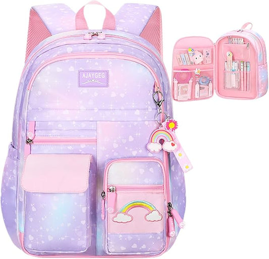 Kawaii Backpack - Pink & Purple Starry Rainbow Bookbag for Girls & Kids