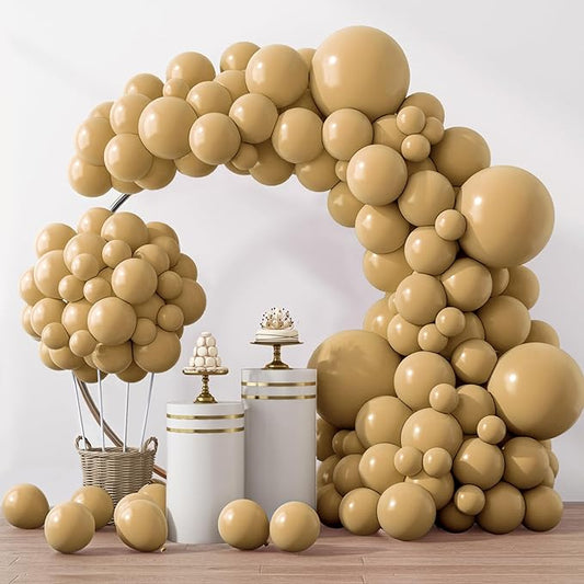 RUBFAC 129pcs Light Brown Balloons Different Sizes 18 12 10 5 Inch Latex Tan Balloon Kit for Birthday Party Baby Shower Wedding Anniversary Decoration