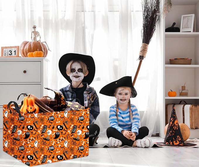 HIYAGON Rectangular Halloween Basket for Boys and Girls Kids Trick or Treat Pumpkin Basket for Halloween Parties Cute Storage Bin Organizer Box Room Decor(Yellow Halloween)