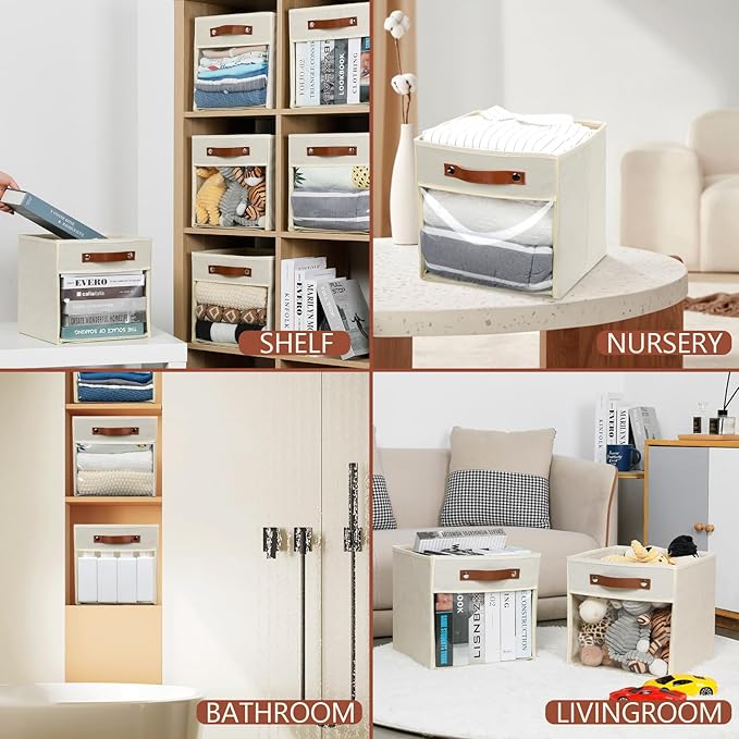 HNZIGE 11 x 11 Storage Cubes Bins for Storage Organizer,Shelf Fabric Storage Bin for Cube Organizer, Canvas Cloth Bin,Cubby Decorative Cube Organizer Bin for Cube Storage Blanket Home(Cream 6 PCS)