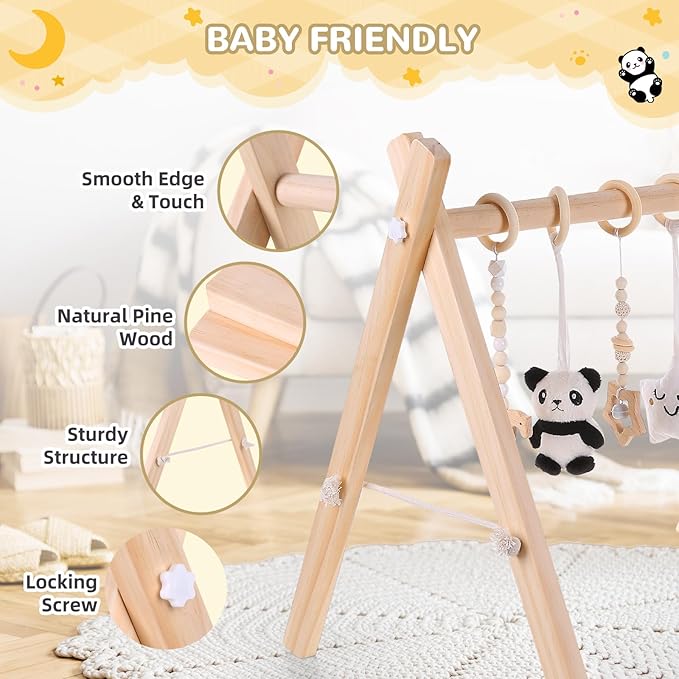 Wooden Play Gym with Mat, Foldable Baby Activity Gyms for Infants Newborn Baby Girl and Boy, Tummy Time Baby Infant Toys 0-6 6-12 Months (Gray)
