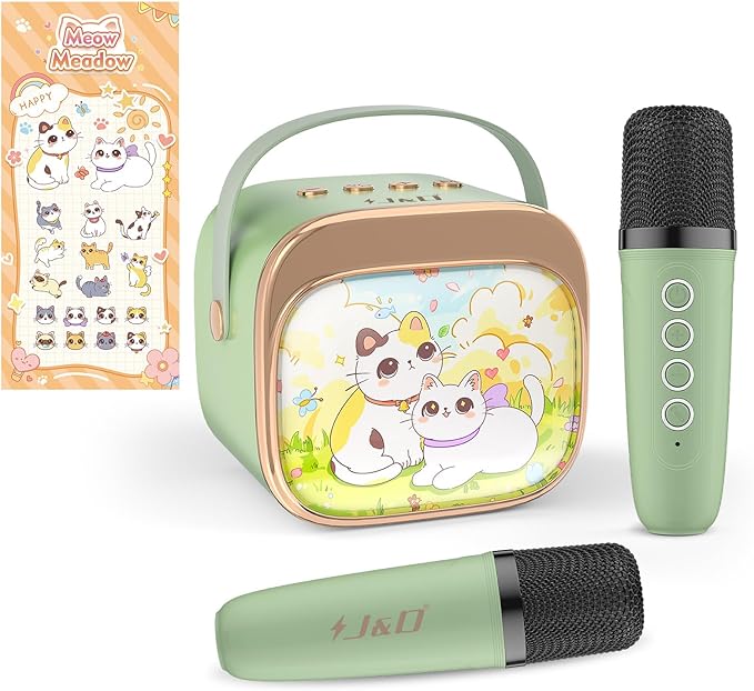 J&D Mini Karaoke Machine for Kids Adults, Portable Bluetooth Speaker with 2 Wireless Mics and Cat Sticker for Girls Boys Age 3–10 Birthday Gifts Princess Toys, Colorful LED, Green
