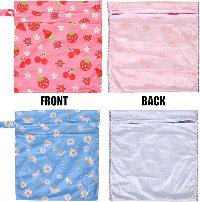 2pcs Cloth Diaper Wet Dry Bags, Waterproof Reusable Wet Bag with 2 Zipper Pockets & Handle, Washable Laundry Bags for Baby Adult Clothes Travel Beach Pool Daycare Yoga Gym Exercise Swimsuits,