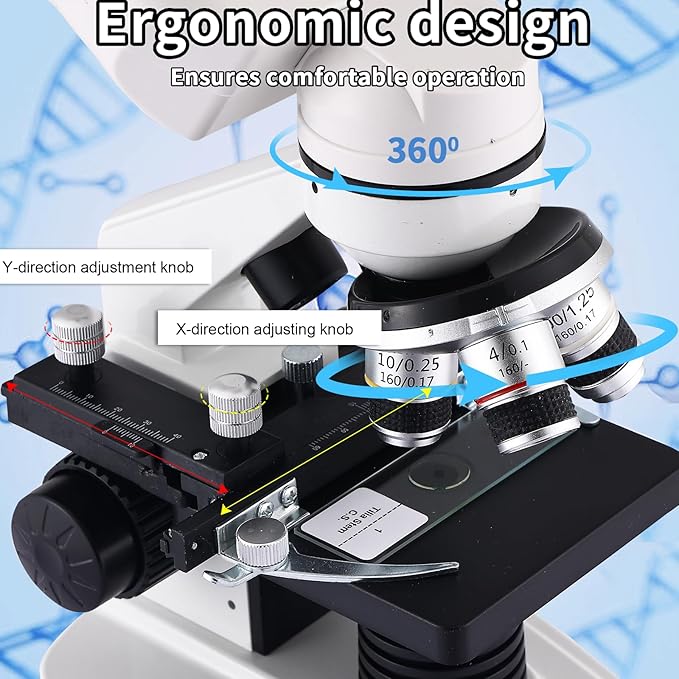 Microscope Magnification 40X-2500X WF10x and WF25x Eyepieces, Dual LED Illumination, Adult Microscope for Schools Home Labs Educational Use