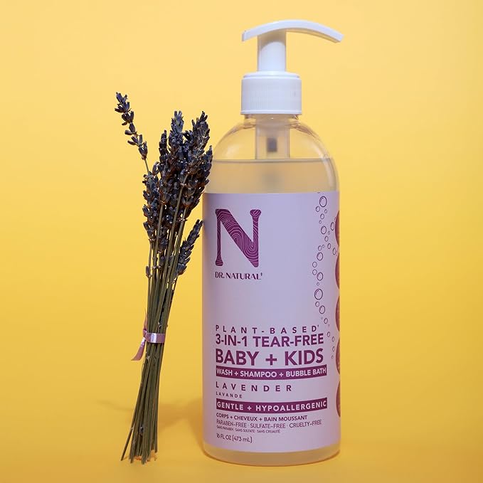 Dr. Natural 3-in-1 Tear-Free Baby Plus Kids Soap - Head-to-Toe Soap and Shampoo - Sensitive Skin Moisturizing Body Wash - Lavender - 16 oz