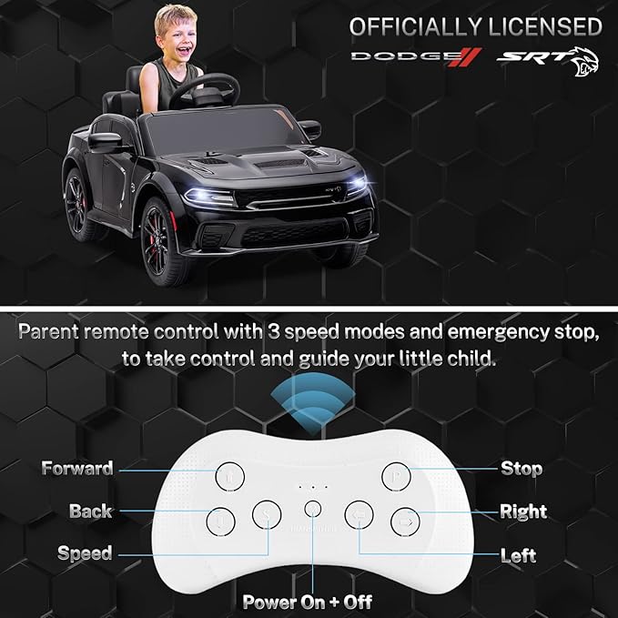 12V 7Ah Kids Electric Ride on Car, Licensed Dodge Charger SRT Hellcat, Battery Powered 4-Wheels Toy Car Electric Vehicle for Kids with Remote Control, 3 Speeds, LED Lights, Music (Black)