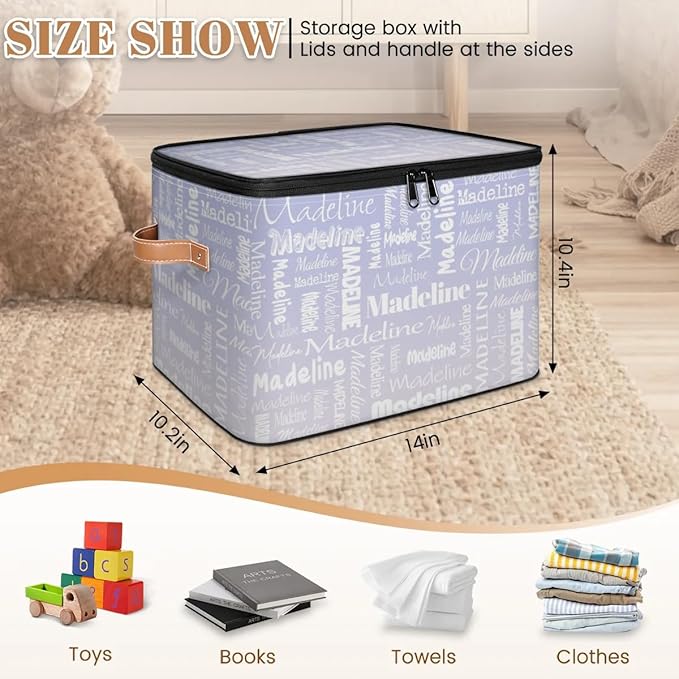 Custom Storage Basket with Name, Personalized Storage Bins with Zipper Lid, Foldable Fabric Storage Box Large capacity with Handle Purple White