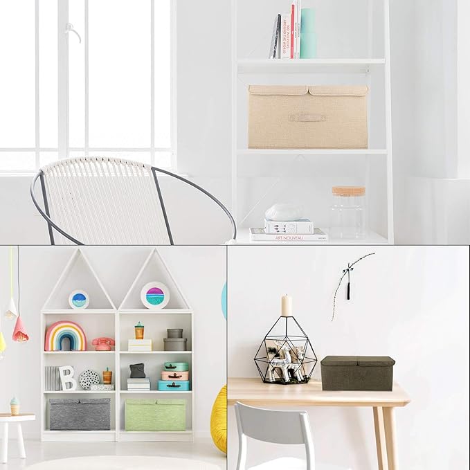 2 Pack Large Linen Fabric Collapsible Storage Bins with Lid and Handles, Washable Storage Box Baskets Cube with Removable Divider for Bedroom,Closet,Office,Living Room,Nursery (Black, Small)