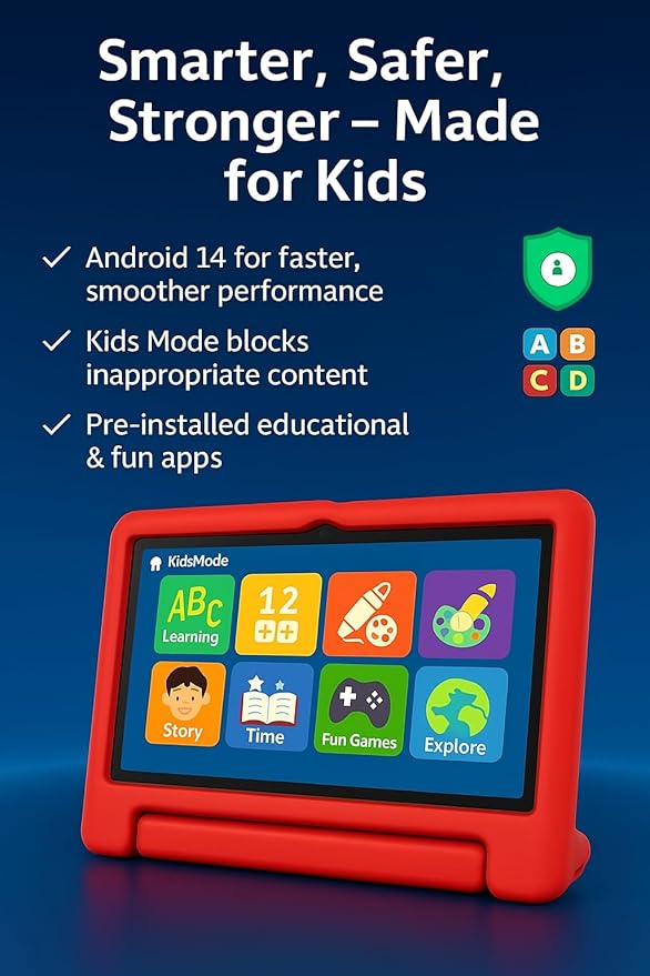 10.1 Inch Kids Tablet with Shockproof Case | Android 14, 64GB+8GB RAM, 12H Battery | Parental Control, Google Kids Space & Preloaded Educational Apps | WiFi 6, HD Display, Ages 3-12