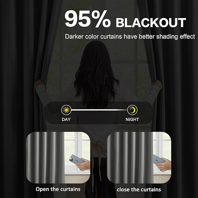 Grey Blackout Curtains 90 Inches Long 2 Panels Set, 60 Inch Wide Pinch Pleated Curtain with Hooks,Thermal Insulated Room Darkening Vertical Window Treatments for Living Room Bedroom 60 x 90