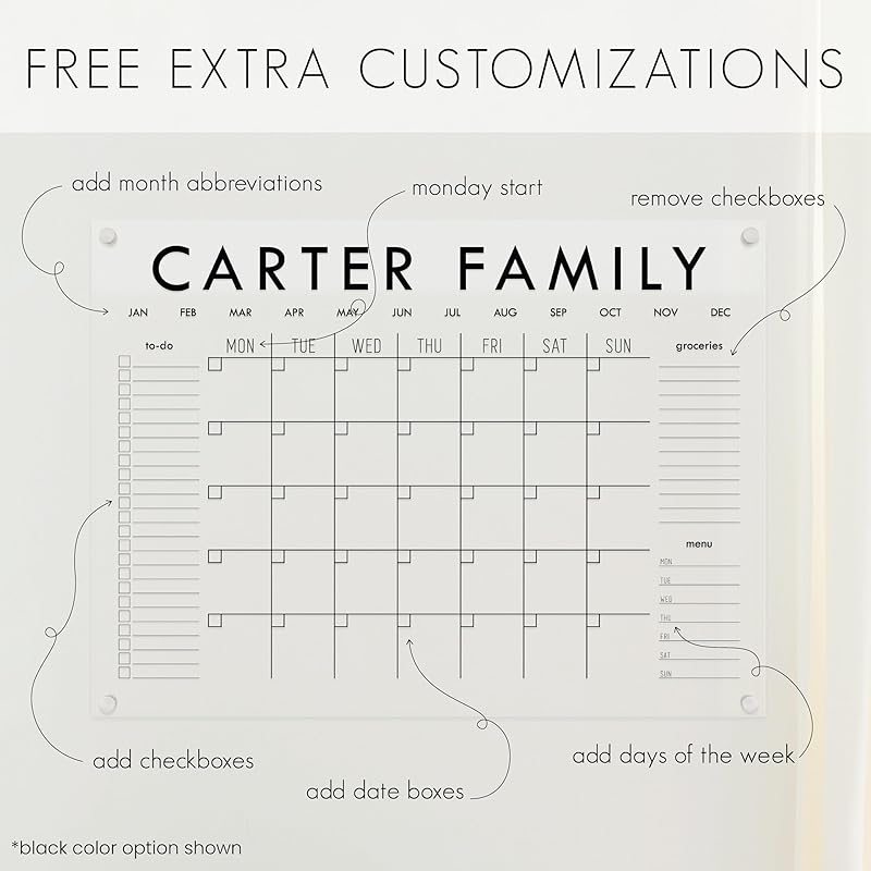 Personalized Clear Acrylic Calendar for Wall, Calendar Whiteboard for Wall, Dry Erase Wall Calendar, Wall Calendar Organizer System for Home (Block, Black, 38"W x 26"H)