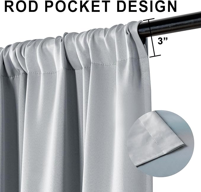 XWZO 100% Blackout Curtain Panels - Rod Pocket Thermal Insulated Black Liner, Noise Reducing and Heat Blocking Drapes for Hall and Studio Windows with Tiebacks, Light Grey, W42 x L72, Set of 2