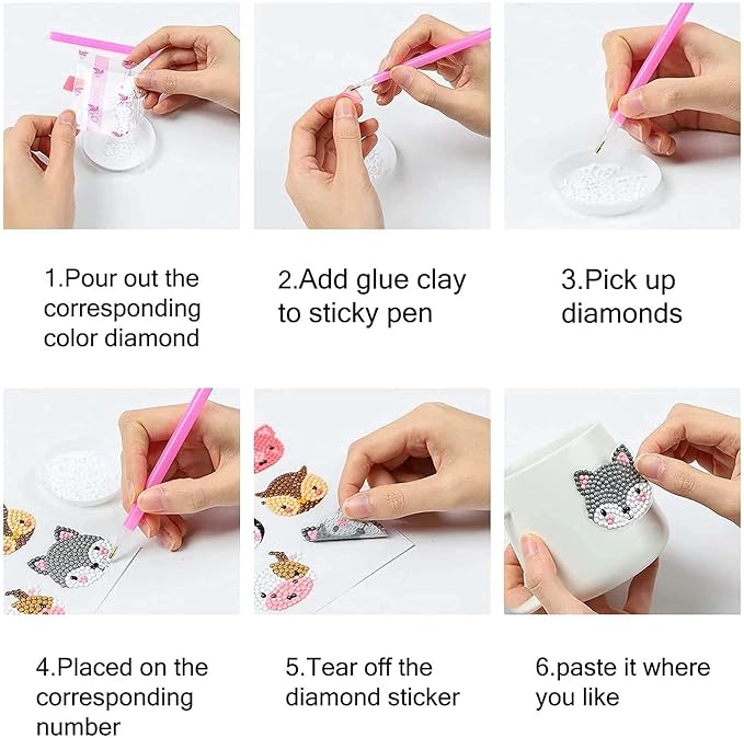 12 Pcs Diamond Art Stickers Kits for Kids, DIY Cartoon Paint by Numbers Diamonds Mosaic Stickers for Kids Arts Diamond Craft Stickers for Kids and Adult Beginners