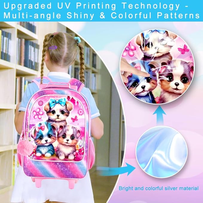 gxtvo Rolling Backpack for Girls, Cute Dog Roller Wheels Kids Bookbag - Wheeled Elementary School Bag - 3PCS Dog