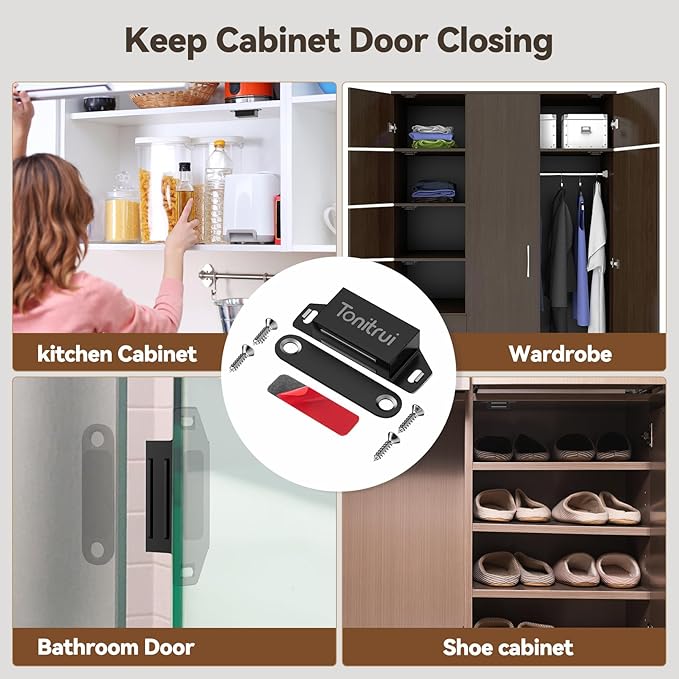 Cabinet Door Magnet, Flat Bottom Cabinet Magnetic Catch with Adhesive, Easy to Install,Only Takes 1 Minute,35lb Magnetic Cabinet Door Drawer Latch(Black, 8Pack)