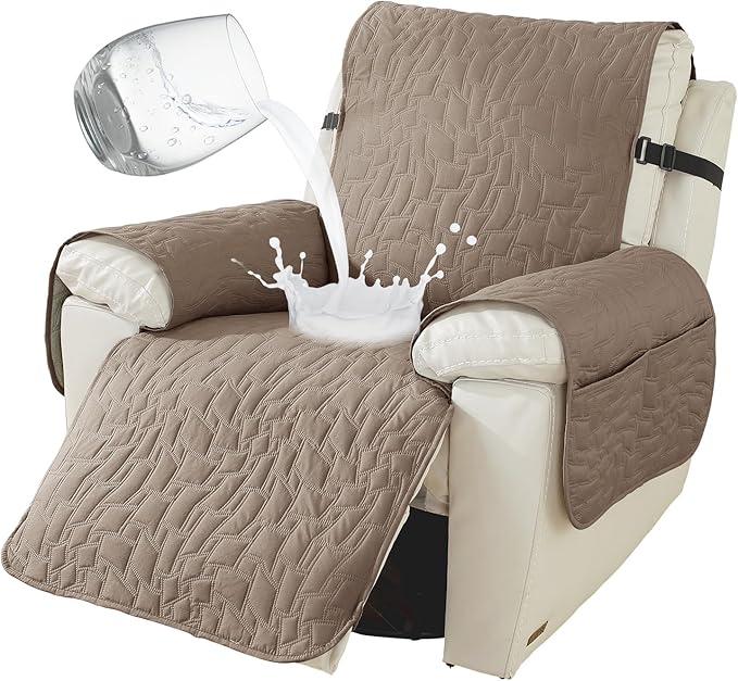 100% Waterproof Recliner Chair Covers for Reclining Chair, Small Recliner Covers That Stay in Place, Non-Slip Recliner Armchair Cover with Pockets for Kids, Pets, Dogs, Cat, Washable,Khaki,23IN