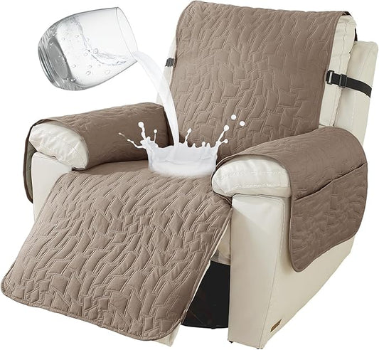 100% Waterproof Recliner Chair Covers for Reclining Chair, Small Recliner Covers That Stay in Place, Non-Slip Recliner Armchair Cover with Pockets for Kids, Pets, Dogs, Cat, Washable,Khaki,23IN