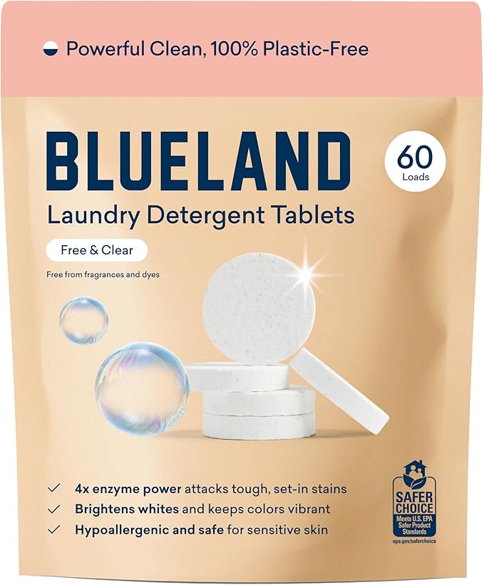 BLUELAND Laundry Detergent Tablets, 60 Count, Plastic-Free Eco-Friendly Pods, Sheets, Liquid Alternative - Fragrance Free and Clear, Natural, Gentle